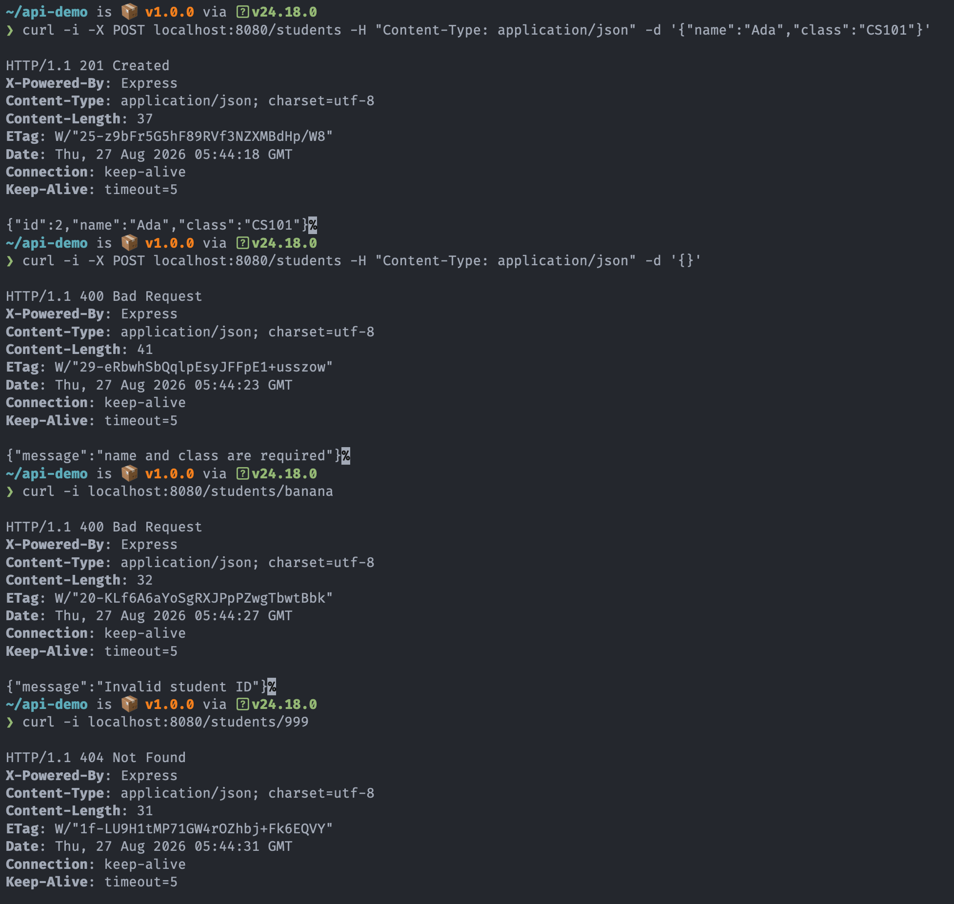 terminal output of the four curl requests: 201 Created, 400 Bad Request, 400 Bad Request, and 404 Not Found