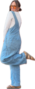 Kire in denim overalls and sunglasses